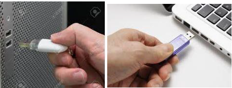 two closeups of thumb drive being inserted into a USB port - one for a computer tower and the other for a laptop